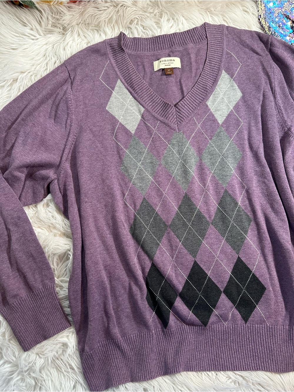 Sonoma • Woman Purple Argyle Cotton V-Neck Sweater